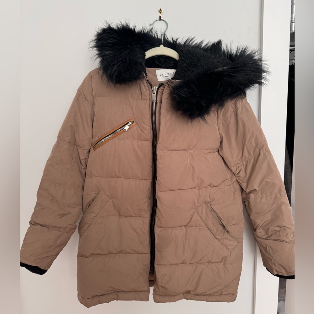 Sandro Beige Goose Down Jacket with Raccoon Fur Trim